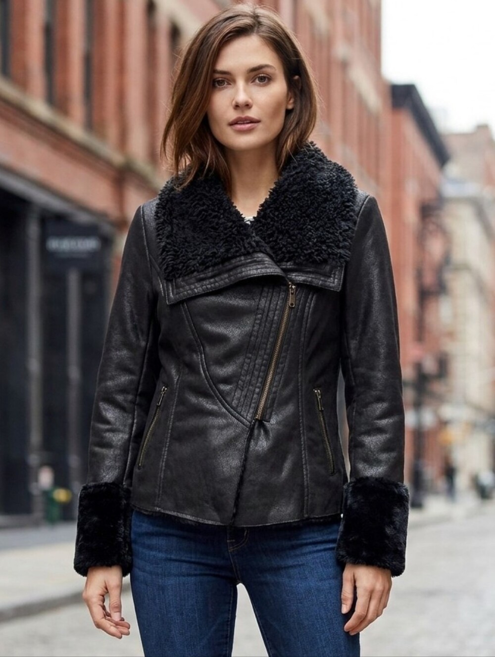 Anthropologie The Cue Cher Qu Black Suede Crossover Zip Jacket